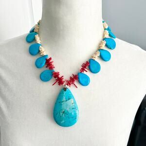 Turquoise white and red statement pendant dramatic vibrant necklace